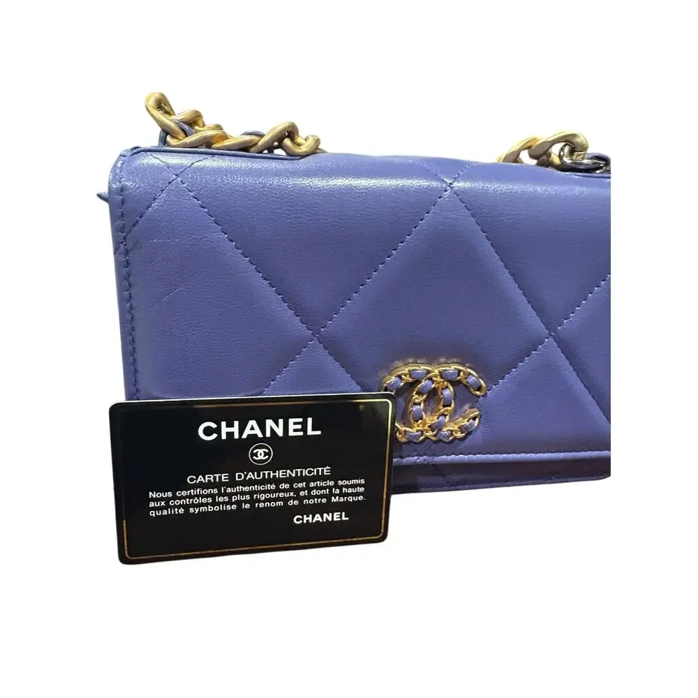 CHANEL 19 Matelassé 2-way Chain WOC Shoulder Bag Rare Purple with Card